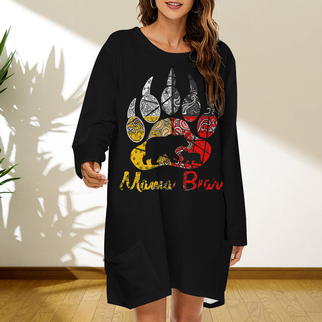 GB-NAT00085 Mama Bear Native American Women Loose Crew Neck Dress