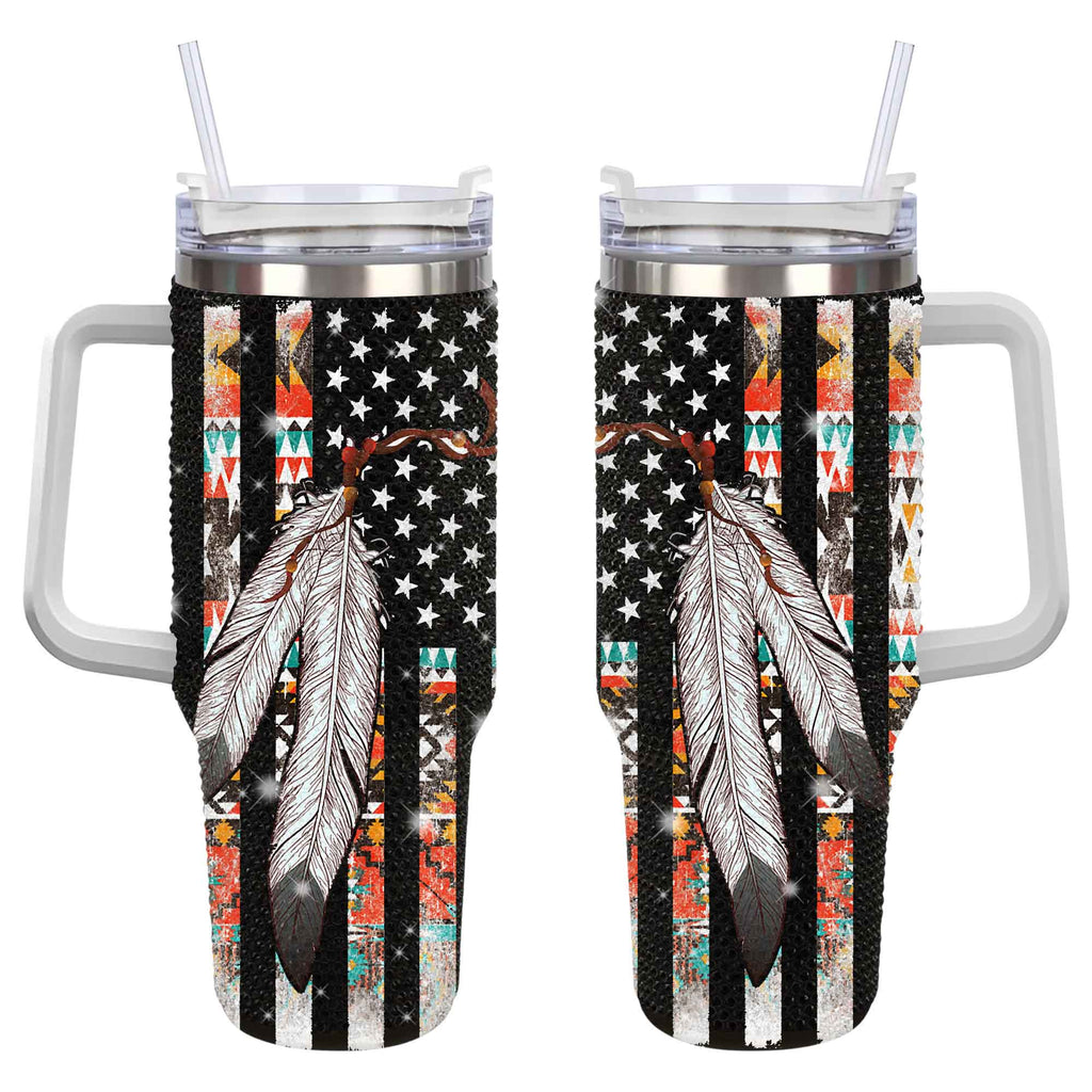 GB-NAT00108 Native American Flag Feather Rhinestone Diamond 40oz Tumbler