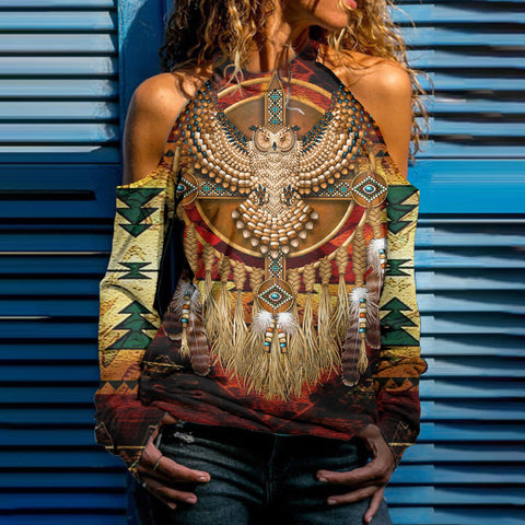 GB-NAT00128 Owl Native American Women Cold Shoulder Sweatshirt