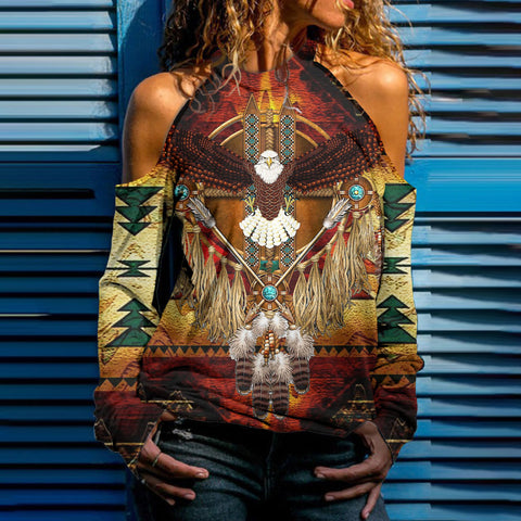 GB-NAT00133-03 Native American Women Cold Shoulder Sweatshirt