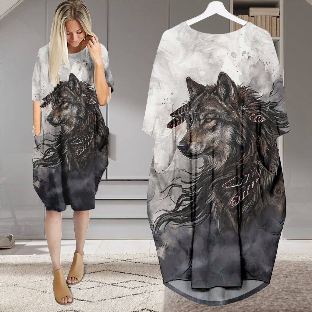 GB-NAT00143v2 Wolf Native American Batwing Pocket Dress