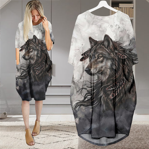 GB-NAT00143v2 Wolf Native American Batwing Pocket Dress