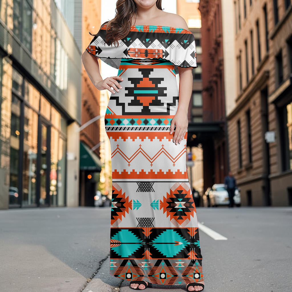 GB-NAT00152 Native American Off Shoulder Ruffle Maxi Dress
