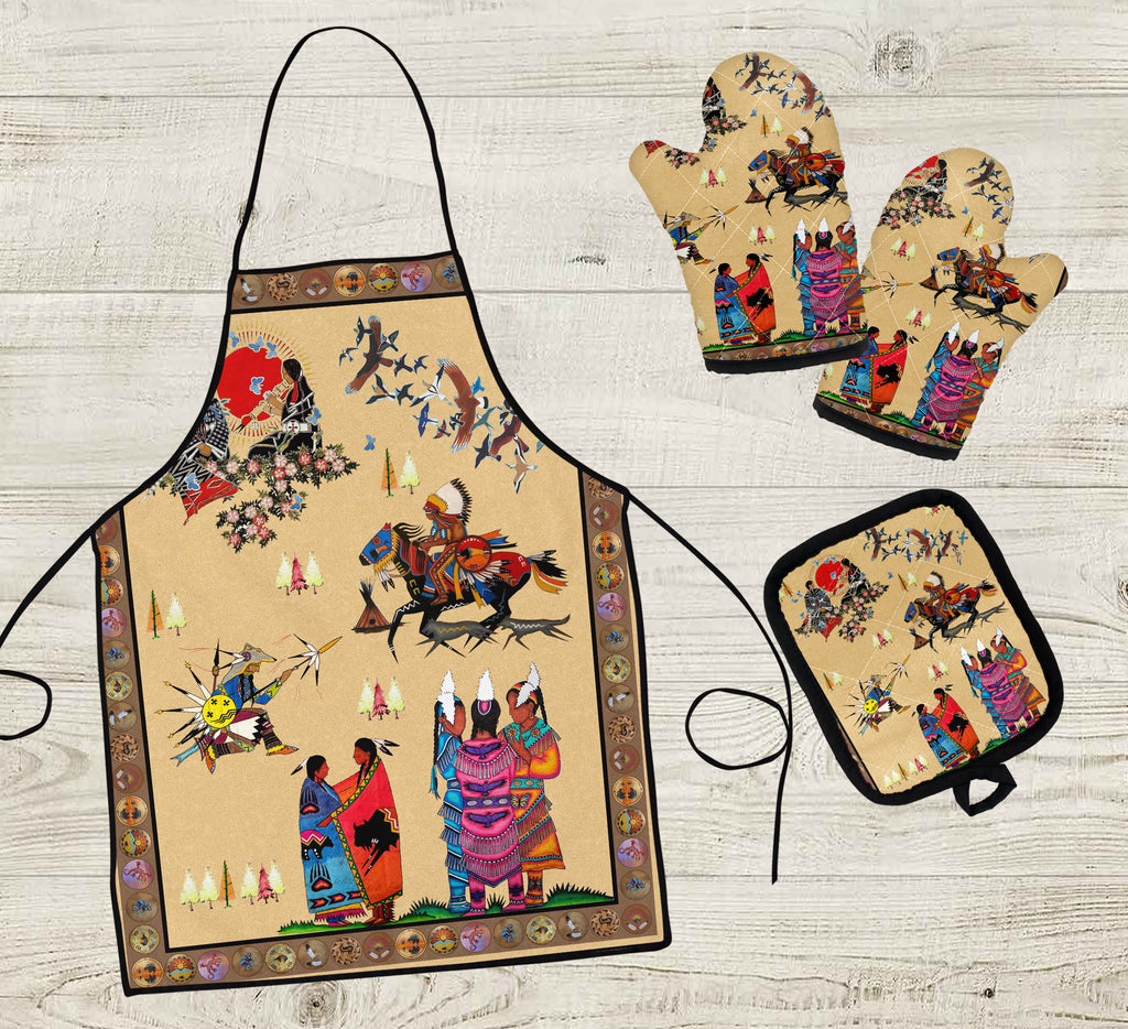 GB-NAT00192 Descendants Native American Apron & Oven Mitts And Potholder Set