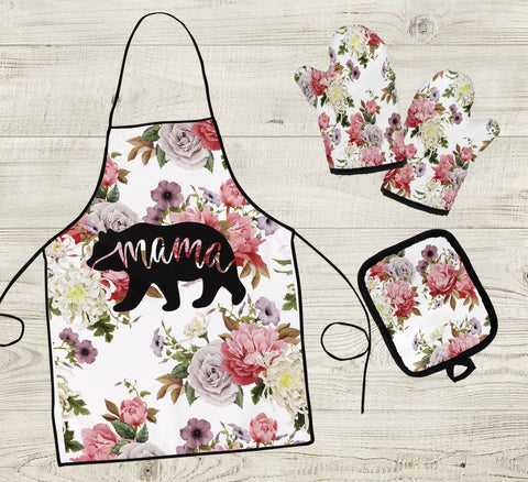 GB-NAT00195 Mama Bear Flower Rose Native American Apron & Oven Mitts And Potholder Set