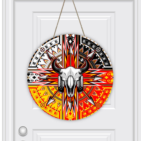 GB-NAT00196-02 Bison Skull Native American Round House Number Door Hanger