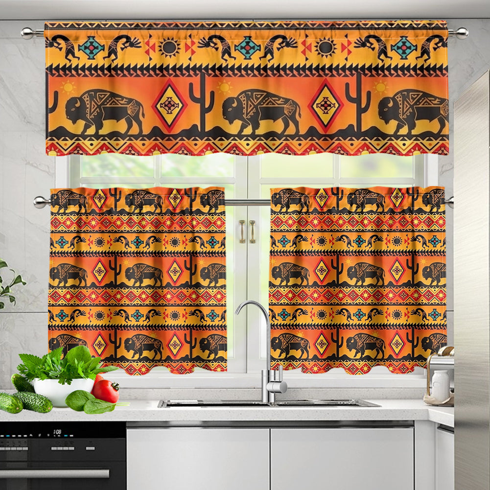 GB-NAT00231-01v2 Bison Native American Curtain Valance and Kitchen Tiers Set