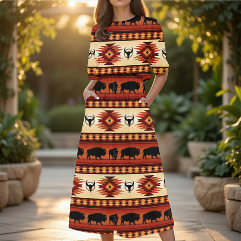 GB-NAT00241 Bison Native American Women's Elastic Waist Dress