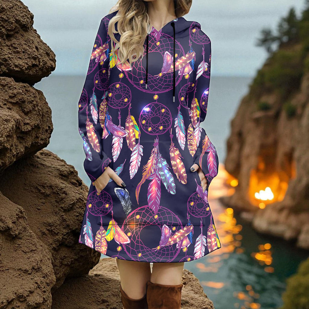 GB-NAT00256 Dreamcatcher Native American Women Longline Hoodie Dress
