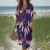 GB-NAT00256 Dreamcatcher Native American Women Loose V-Neck Summer Dress
