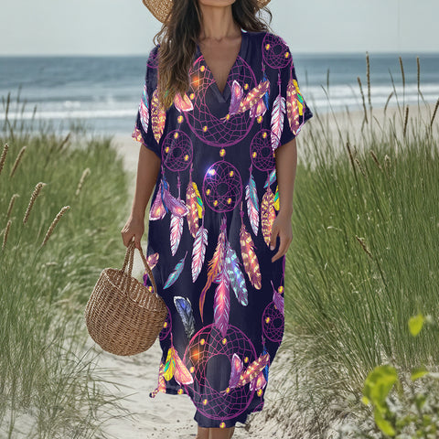 GB-NAT00256 Dreamcatcher Native American Women Loose V-Neck Summer Dress