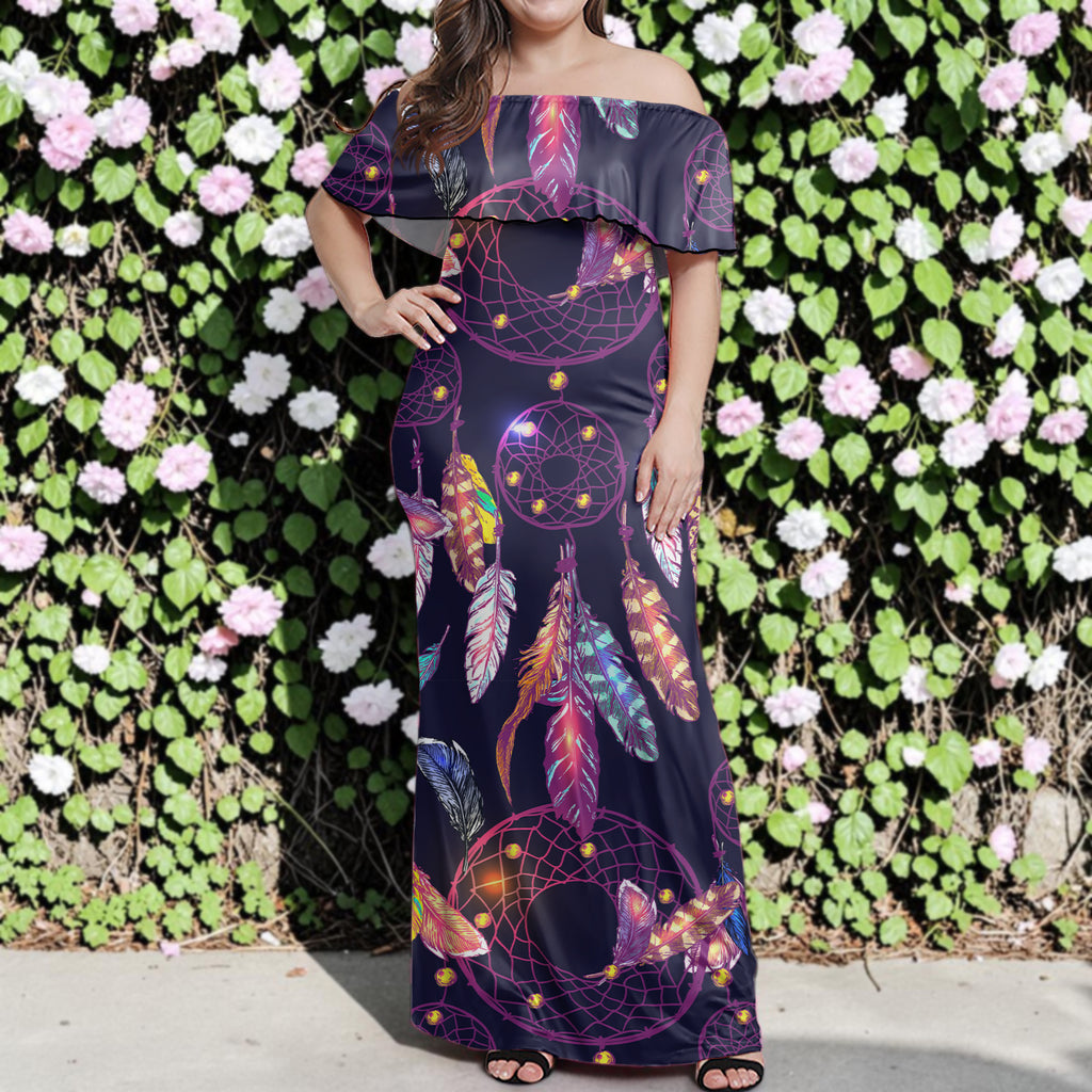 GB-NAT00256 Native American Off Shoulder Ruffle Maxi Dress
