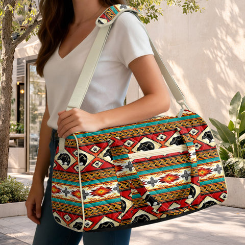 GB-NAT00274-01 Bear Native American Quilted Travel Bag with Adjustable Strap