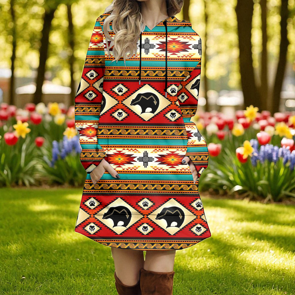 GB-NAT00274-01 Bear Native American Women Longline Hoodie Dress