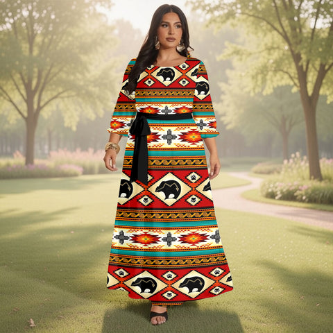 GB-NAT00274-01 Bear Native American Women Maxi Dress Plus Size
