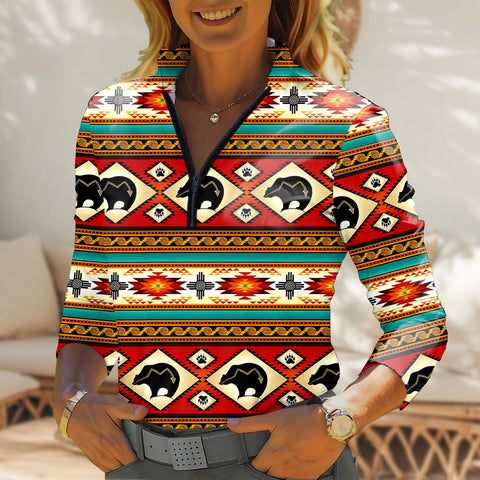 GB-NAT00274-01 Native American Women Quarter-Zip Long Sleeve Top