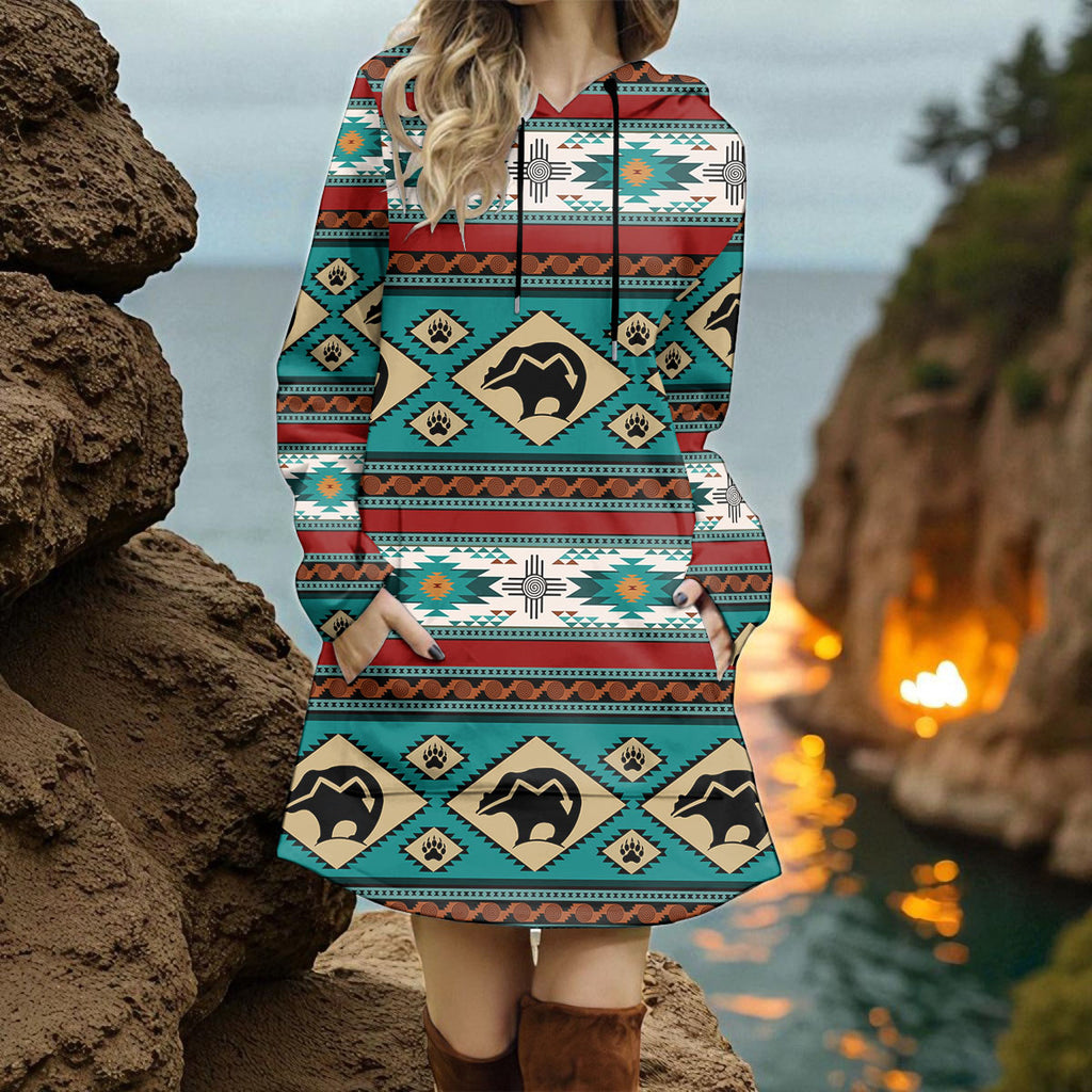 GB-NAT00274-02 Bear Native American Women Longline Hoodie Dress