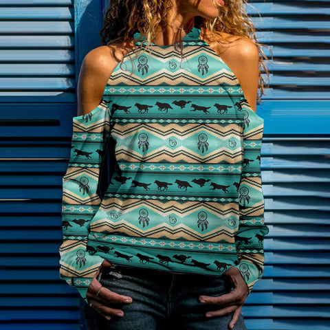GB-NAT00291-01 Native American Women Cold Shoulder Sweatshirt
