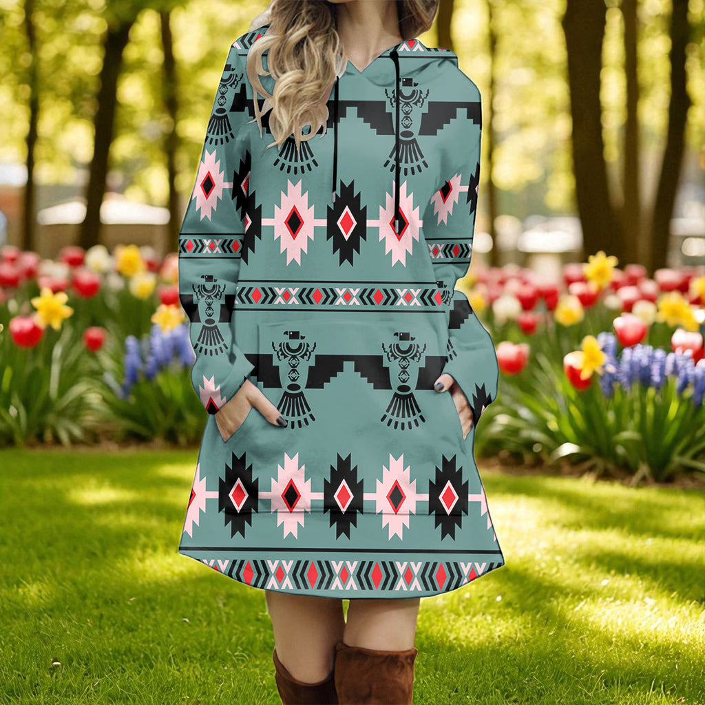 GB-NAT00312 Native American Women Longline Hoodie Dress