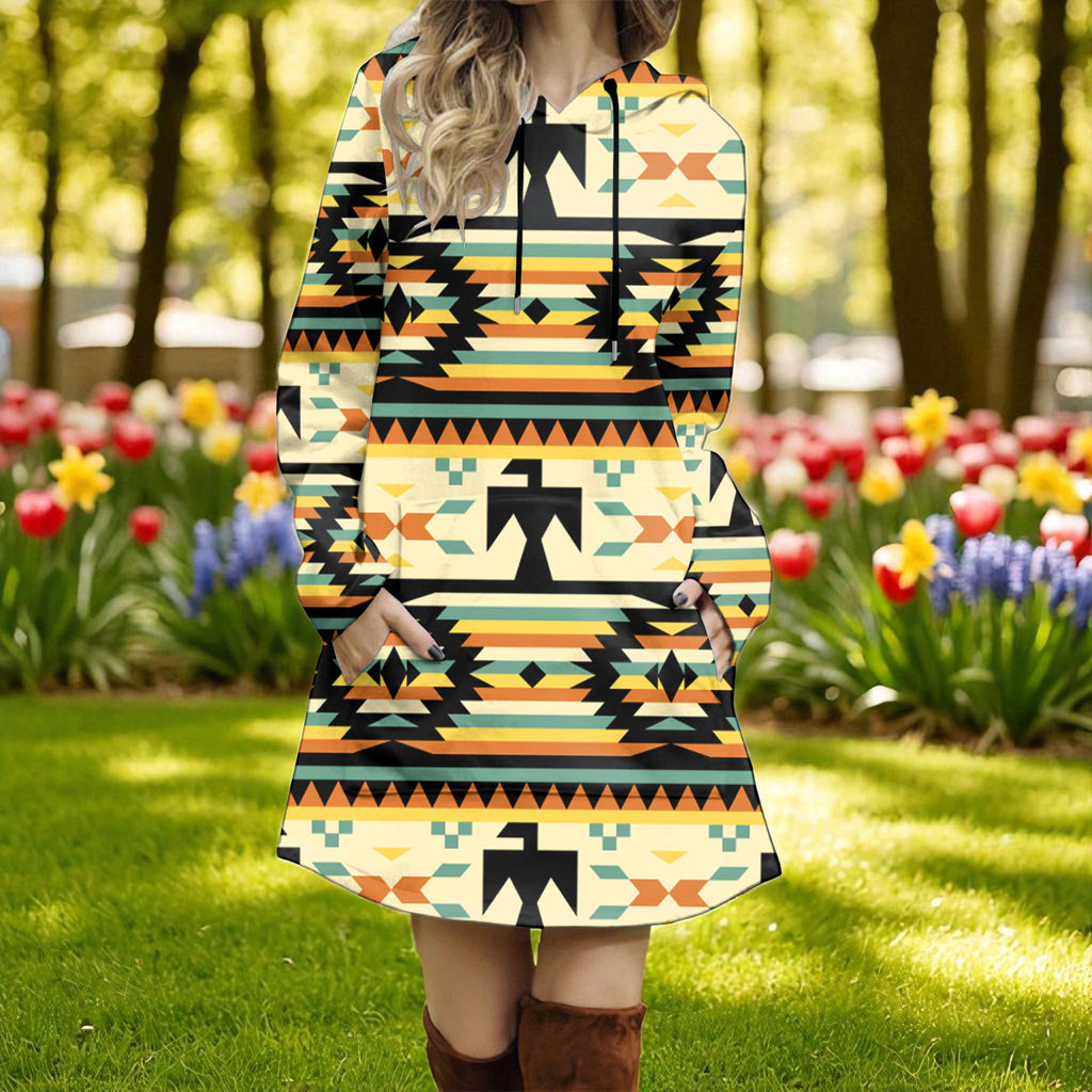 GB-NAT00313 Thunderbird Native American Women Longline Hoodie Dress