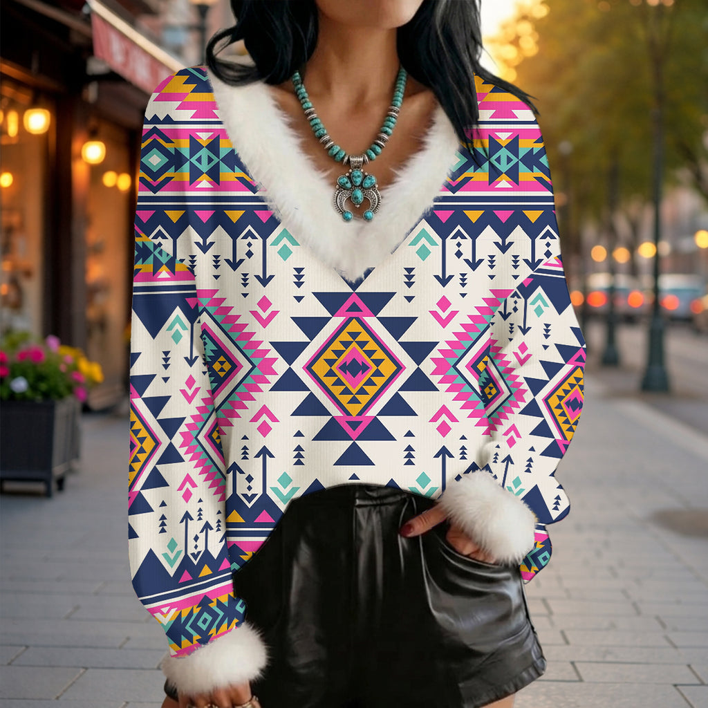 GB-NAT00316 Native American Faux Knit V-Neck Sweater Top with Fur Trim