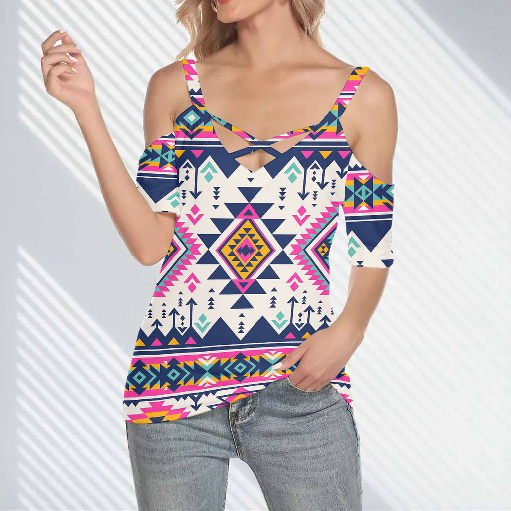 GB-NAT00316 Native American Women Cold Shoulder Criss Cross T-shirt