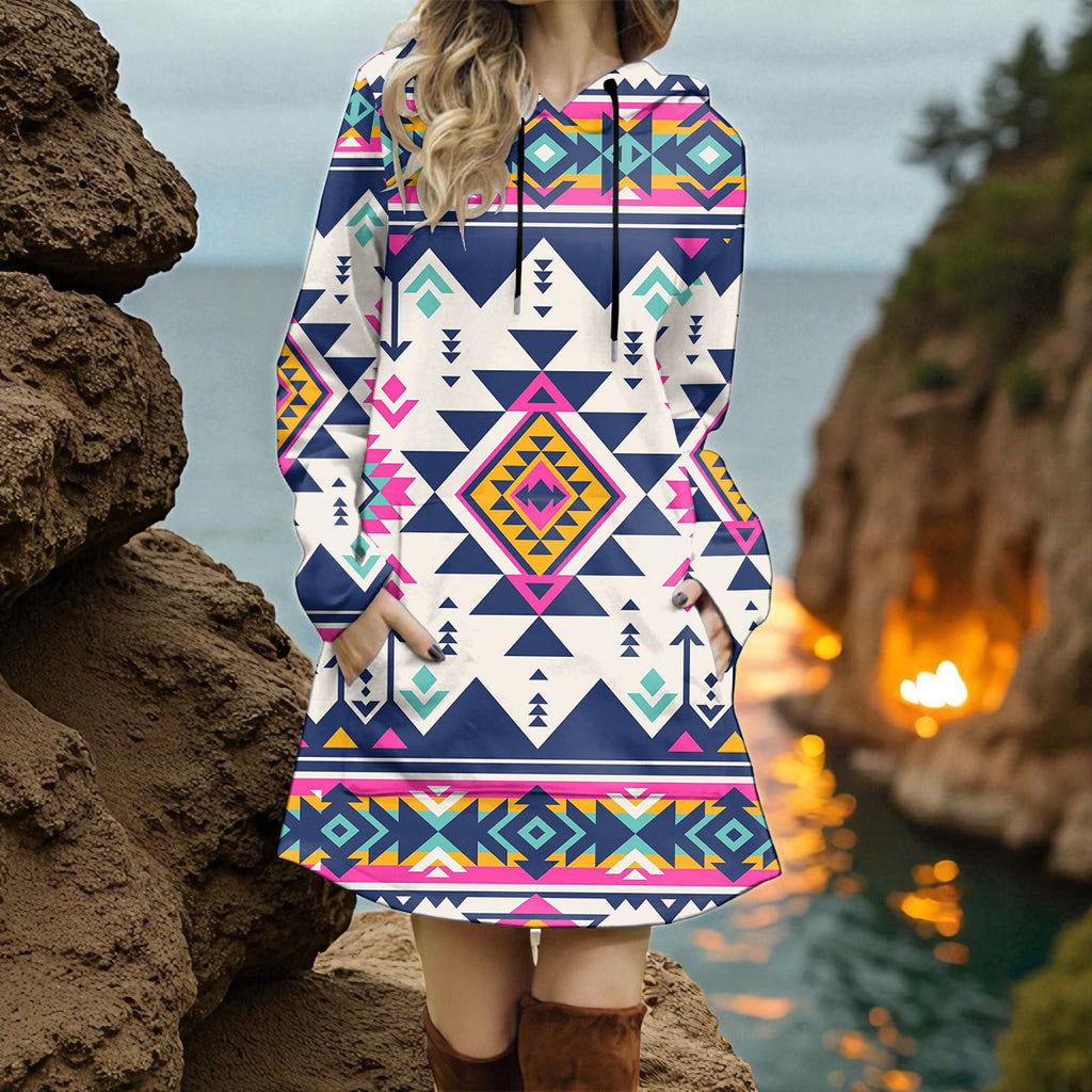 GB-NAT00316 Native American Women Longline Hoodie Dress