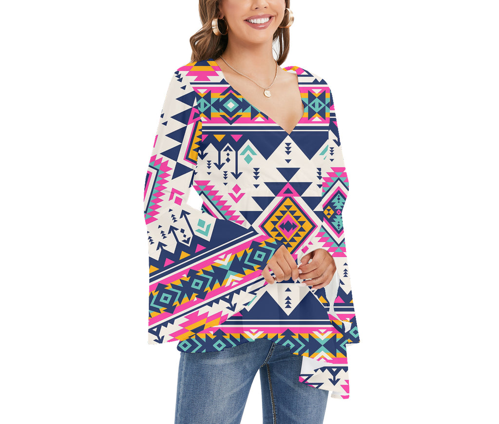 GB-NAT00316 Tribe Design Native Women's V-neck Blouse With Flared Sleeves