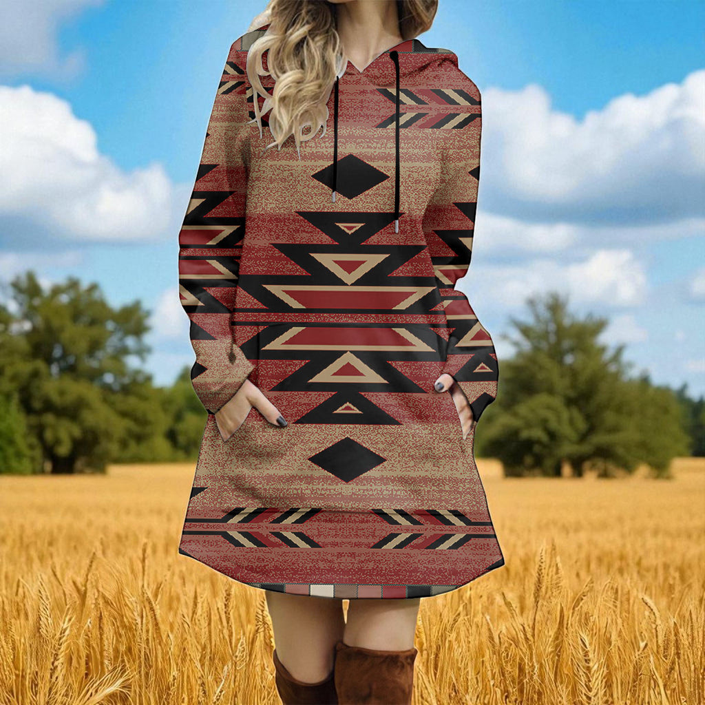 GB-NAT00334-02 Native American Women Longline Hoodie Dress