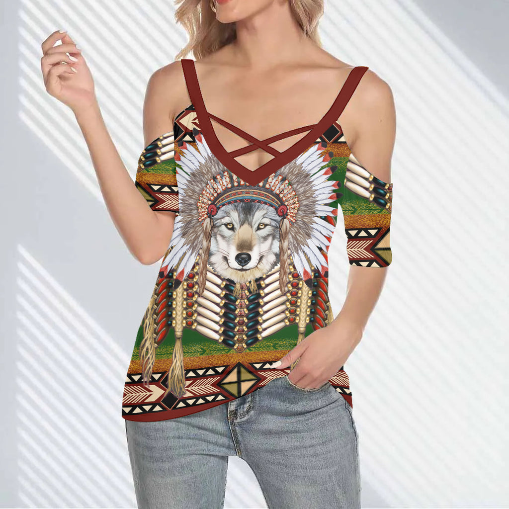 GB-NAT00374 Native American Women Cold Shoulder Criss Cross T-shirt