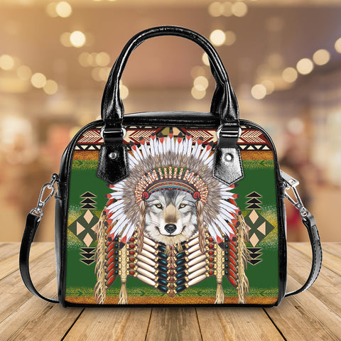 GB-NAT00374 Wolf Native American Handbag With Single Shoulder Strap