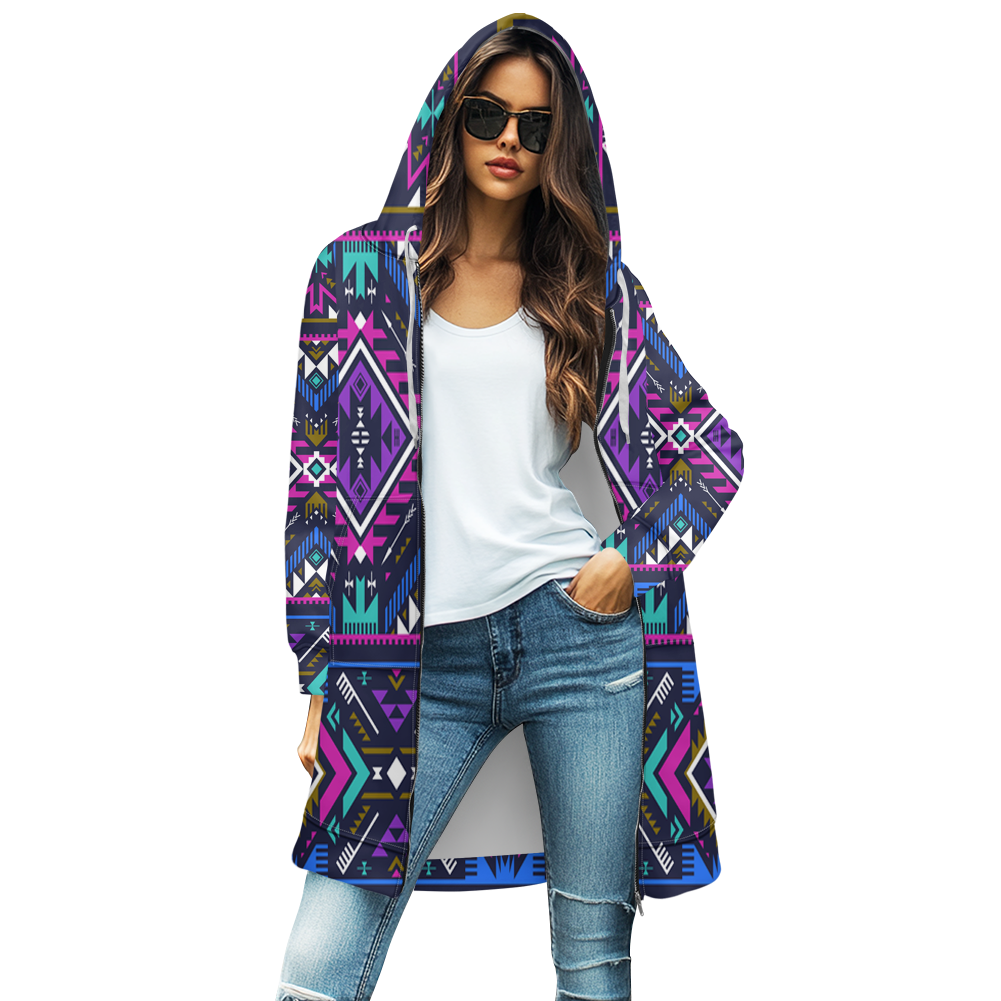 GB-NAT00380 Pattern Native Women's Mid-Length Hooded Sweatshirt Cardigan