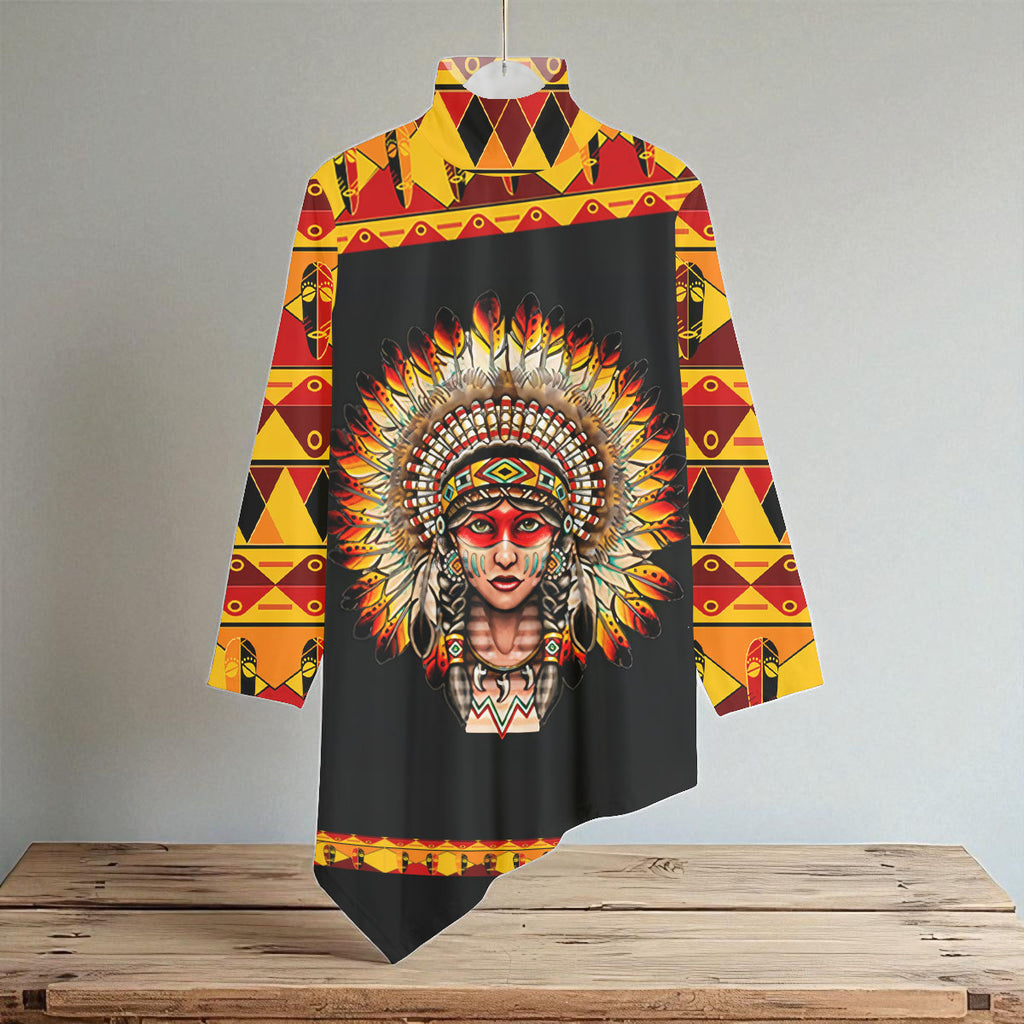 GB-NAT00382 Native American Women Turtleneck Asymmetrical Hem Tunic