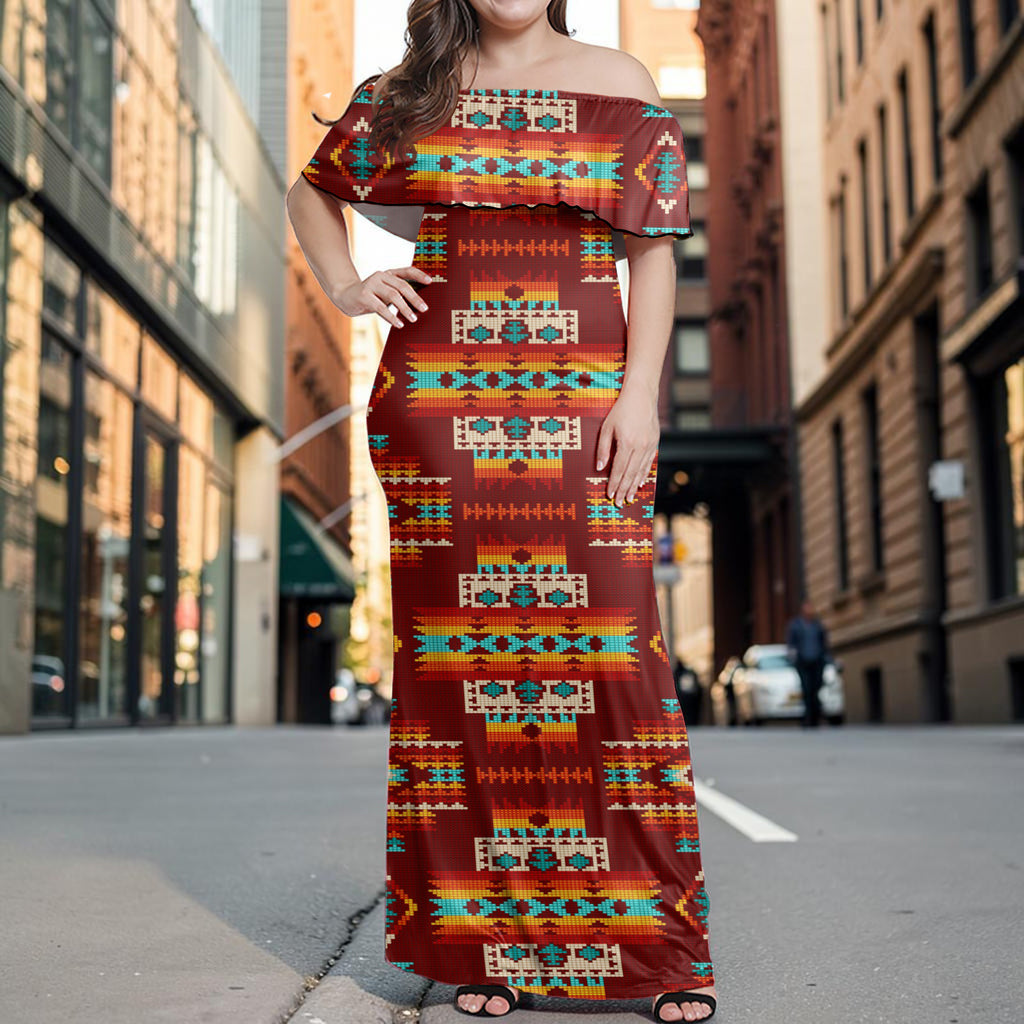 GB-NAT00402-02 Native American Off Shoulder Ruffle Maxi Dress