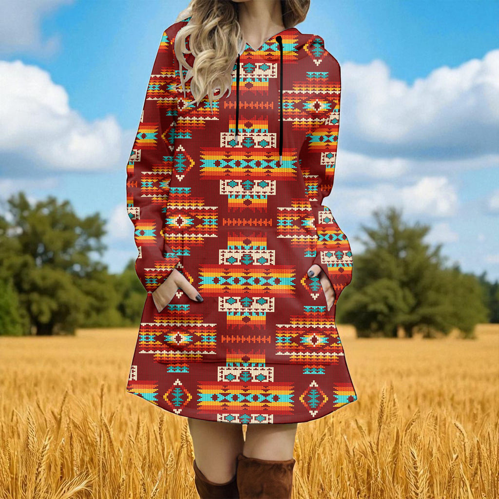 GB-NAT00402-02 Native American Women Longline Hoodie Dress