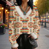 GB-NAT00402-03 Native American Faux Knit V-Neck Sweater Top with Fur Trim