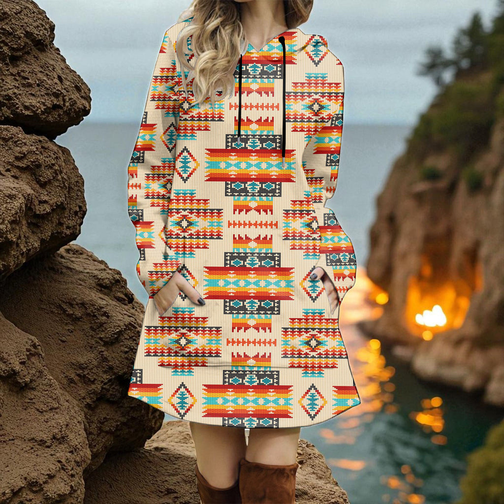 GB-NAT00402-03 Native American Women Longline Hoodie Dress