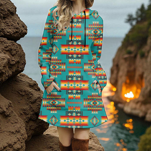 GB-NAT00402-04 Native American Women Longline Hoodie Dress