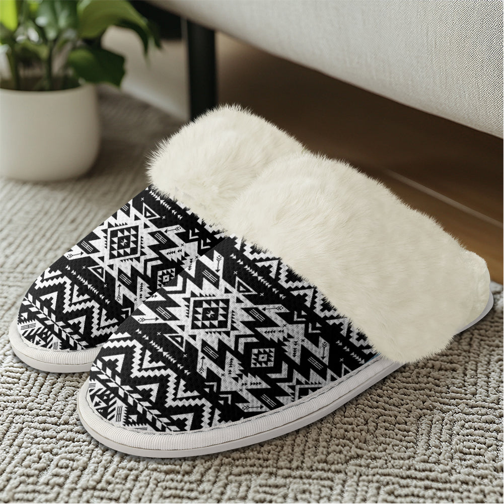 GB-NAT00441 Black Pattern Native American Slippers With Fur Edges