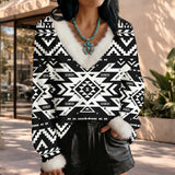 GB-NAT00441 Native American Faux Knit V-Neck Sweater Top with Fur Trim