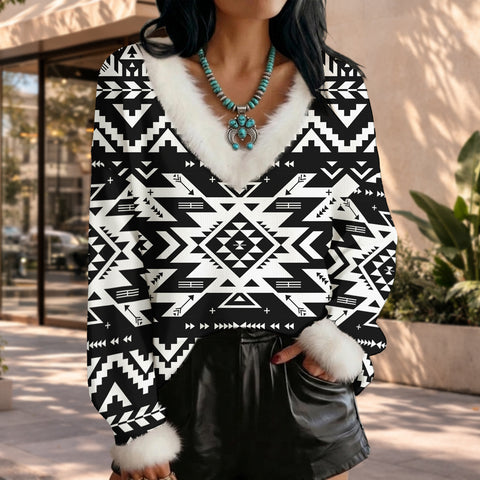 GB-NAT00441 Native American Faux Knit V-Neck Sweater Top with Fur Trim