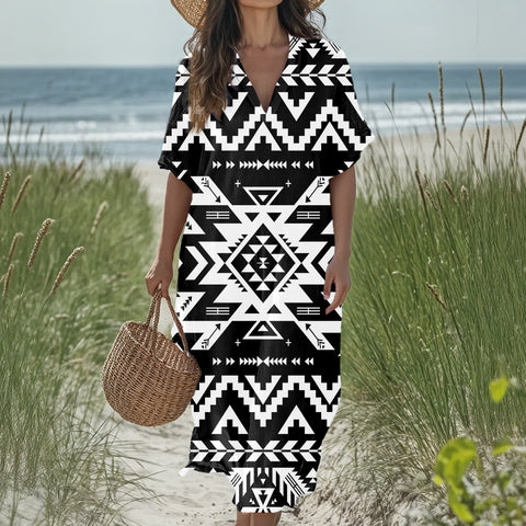 GB-NAT00441 Native American Women Loose V-Neck Summer Dress