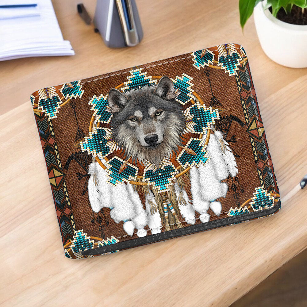 GB-NAT00446-05 Wolf Native American Men Wallet