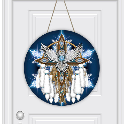 GB-NAT00494 Owl Native American Round House Number Door Hanger