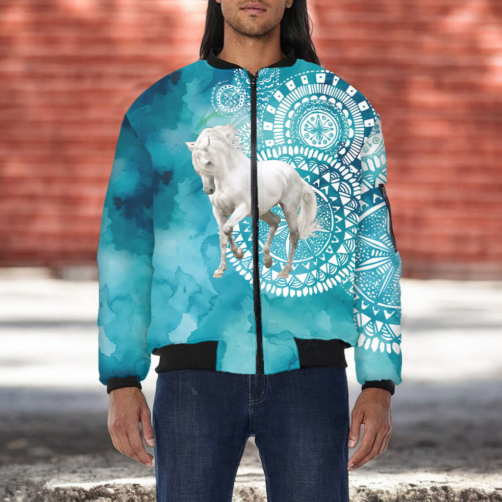 GB-NAT00503-02 White Horse Native American Bomber Jacket With Sleeve Pocket