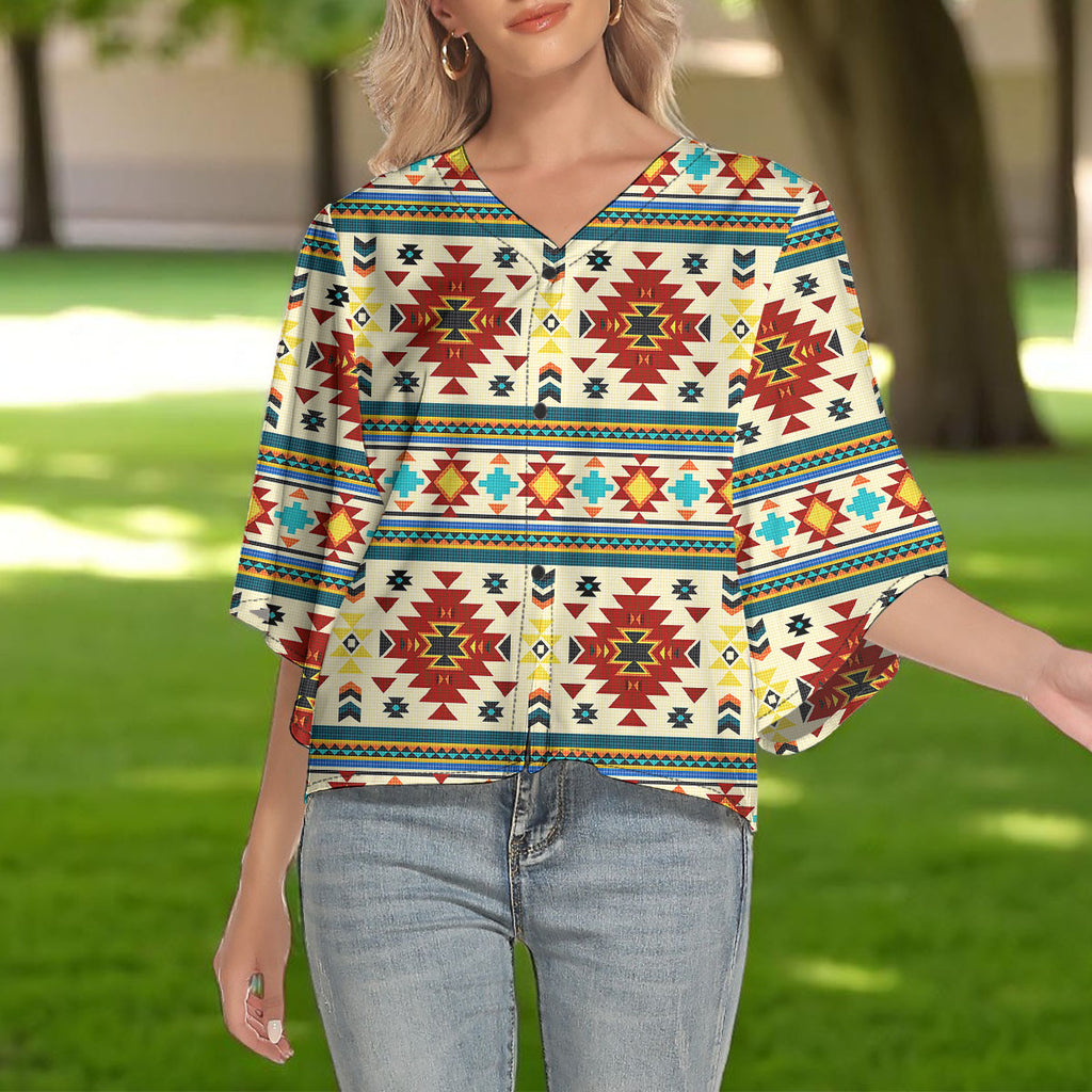 GB-NAT00512 Native American Women V-Neck Batwing Sleeve Button Top