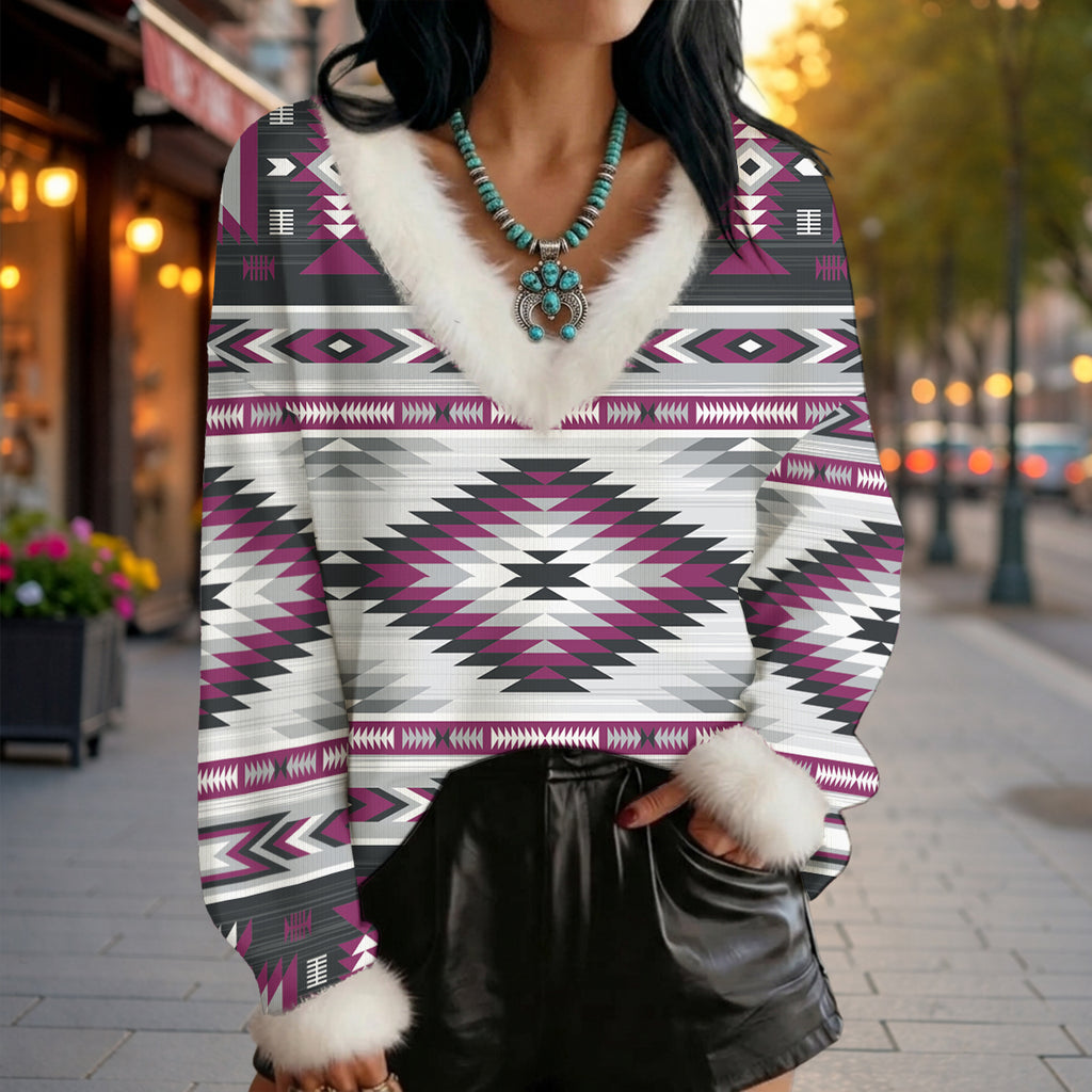 GB-NAT00528-02 Native American Faux Knit V-Neck Sweater Top with Fur Trim