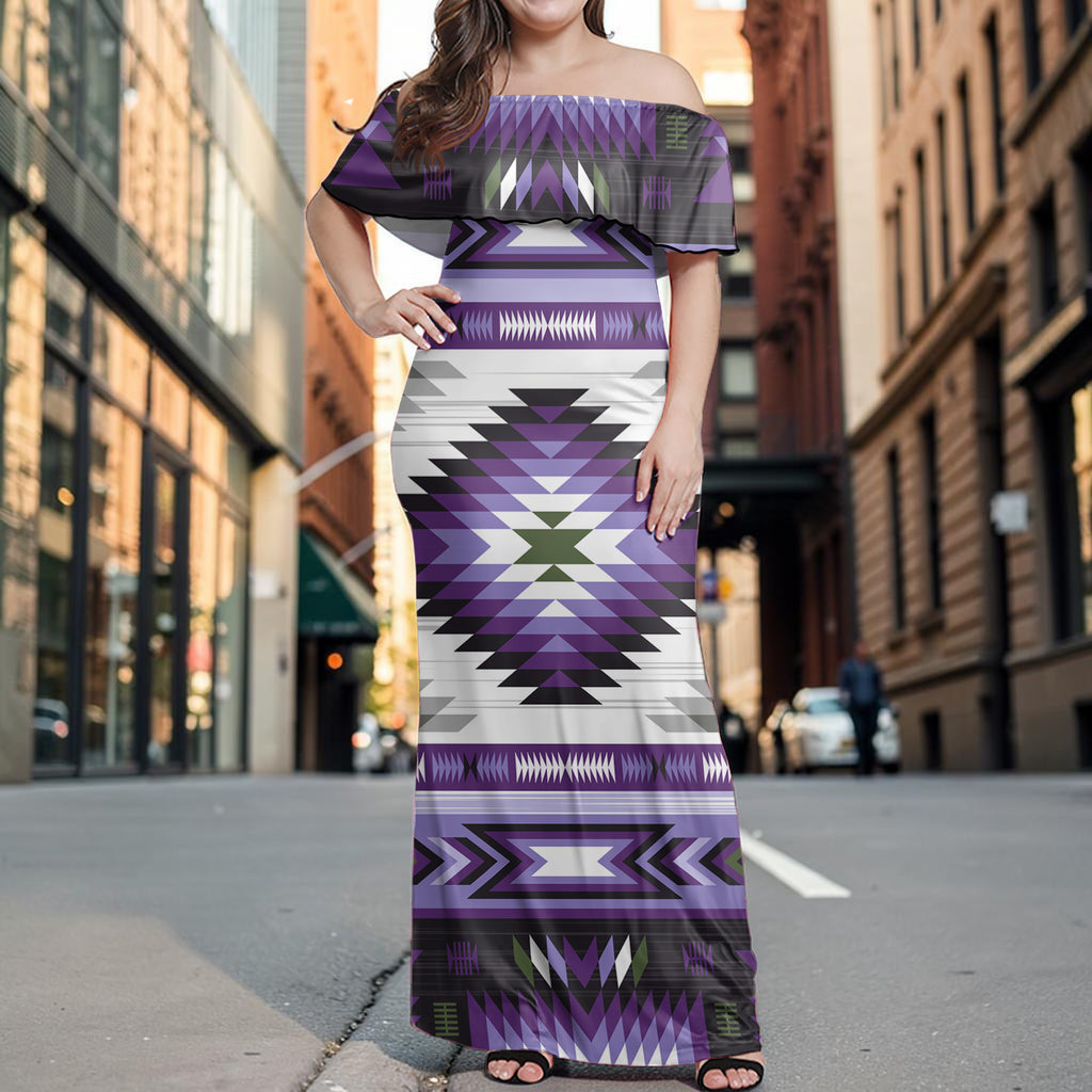 GB-NAT00528-03 Native American Off Shoulder Ruffle Maxi Dress