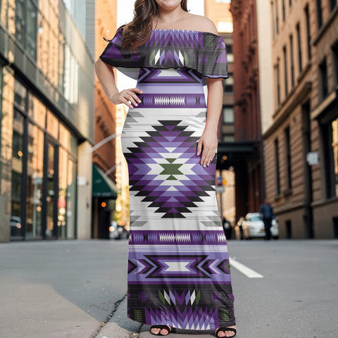 GB-NAT00528-03 Native American Off Shoulder Ruffle Maxi Dress