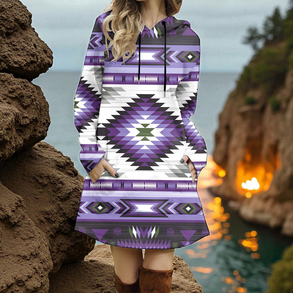 GB-NAT00528-03 Native American Women Longline Hoodie Dress